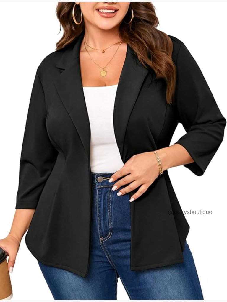 Plus Size Blazer Notched Lapel One-Button 3/4 Sleeve Office Casual Jacket